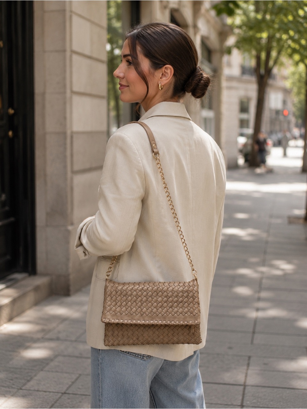 Urban Expressions Woven Flap Shoulder Bag in Beige